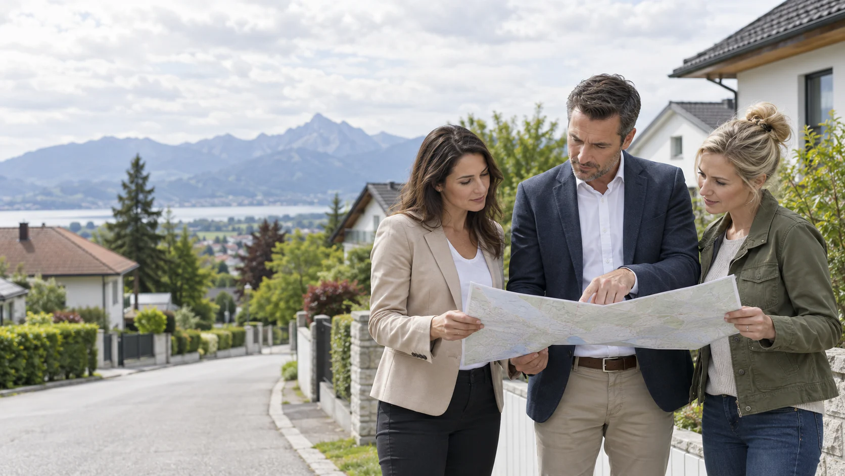 Drei Immobilienmitarbeiter betrachten gemeinsam eine Karte in einem österreichischen Wohngebiet