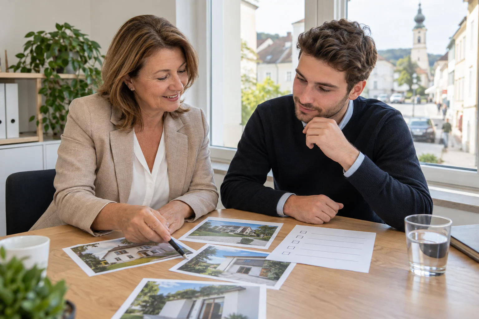 Erfahrene Mitarbeiterin zeigt einem jüngeren Kollegen Details auf Immobilienfotos